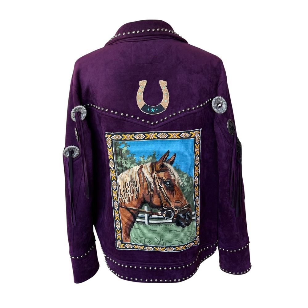 Lesal Upcycled Western Horse Needlepoint Studded Faux Suede Jacket Purple S